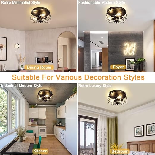 3-Light Industrial Flush Mount Ceiling Light Fixture, 14.96'' Farmhouse Matte Black Close to Ceiling Light