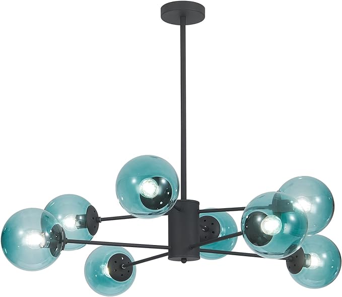 Modern 8-Lights Blue Glass Sputnik Chandelier Mid-Century Matte Black Globe Flush Mount Chandelier Industrial Large Glass Ball Sputnik Chandelier Pendant Lamp (Black+Blue)