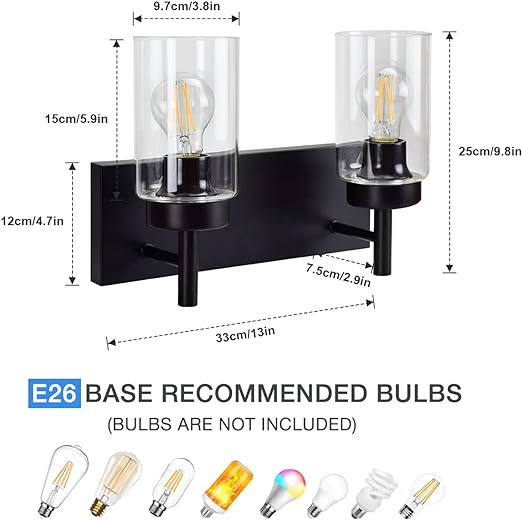 Wall Vanity Light Fixture, Farmhouse Bathroom Lighting, 2-Light Metal Wall Mount Lamp with Glass Shade