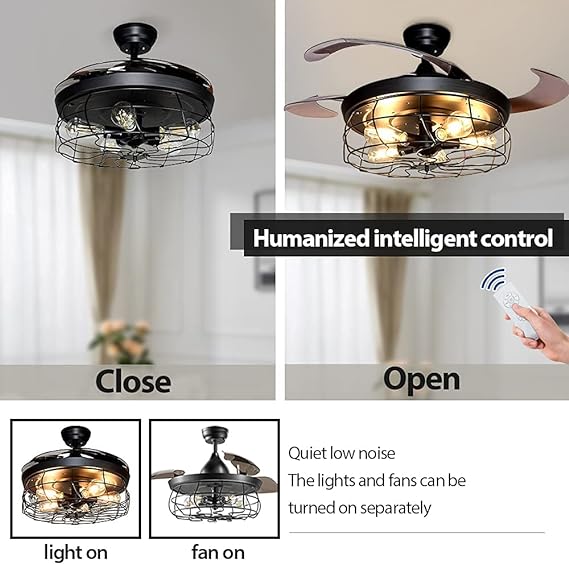 Ceiling Fan with Lights-42 Industrial Ceiling Fan with Retractable Blades, Vintage Cage Ceiling Light Fixture with Remote