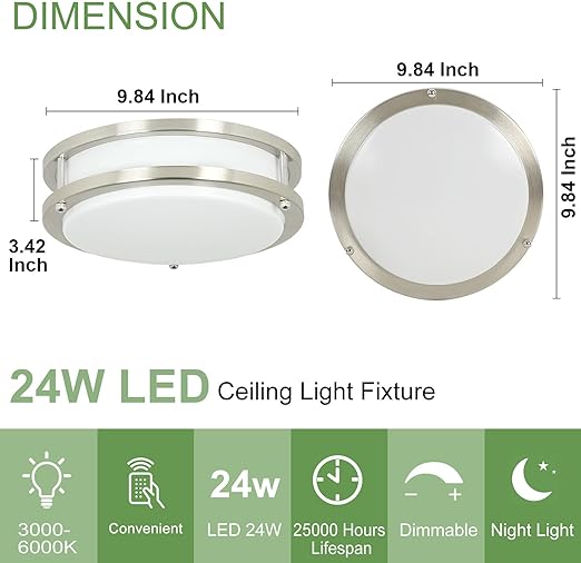 24W Modern LED Flush Mount Ceiling Light with Remote, 10 Inch Dimmable Nickel Round Ceiling Lighting Fixture