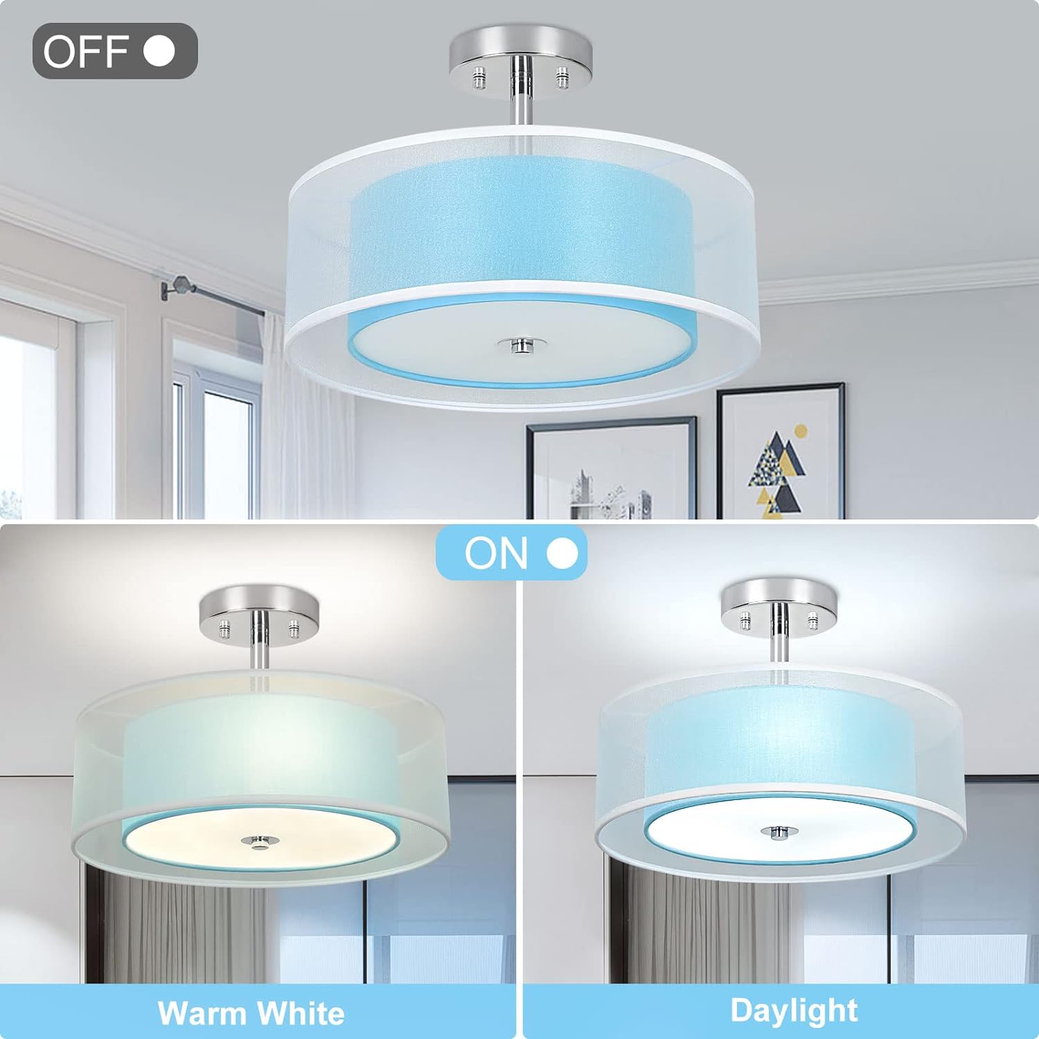 3-Light Semi Flush Mount Ceiling Light Fixture, 15'' Blue Drum Light Ceiling Hanging with Double Fabric Shade