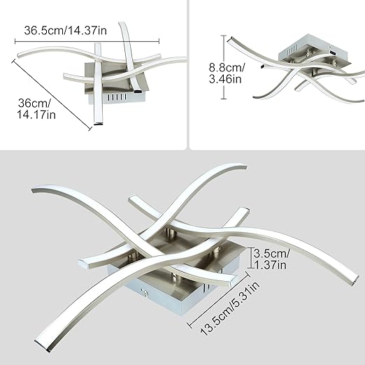 4-Light Modern LED Ceiling Light, 18W Curved Design Ceiling Lamp Fixture Brushed Nickel, 3000K 1650LM Flush Mount