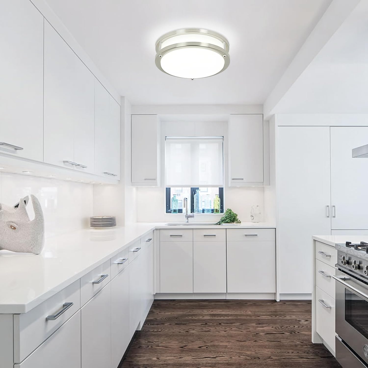 24W Modern LED Flush Mount Ceiling Light with Remote, 10 Inch Dimmable Nickel Round Ceiling Lighting Fixture