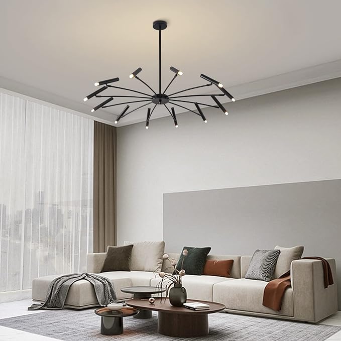 Modern Black Sputnik Chandelier Mid Century Vintage 12-Lights Semi Flush Mount Chandelier Ceiling Light Industrial Satellite Starburst Chandelier Pendant Light (12-Light)