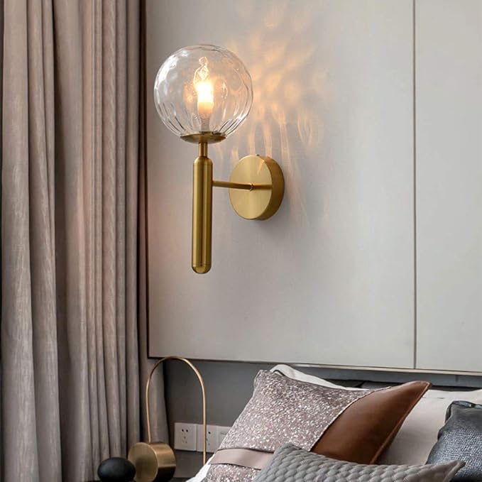 Modern Wall Sconce Golden Mid Century Industrial Matte Globe Glass Wall Light for Bedroom Vanity Light (Clear)
