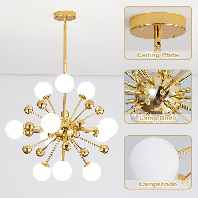 Sputnik Chandelier Lighting Fixture Gold Mid Century Modern Hanging Pendant Light, Frosted Glass Modern Ceiling Pendant Light Living Room Dining Room (11 Lights)