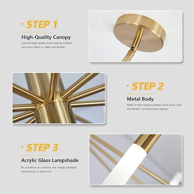Modern Gold Brass LED Sputnik Chandelier 20-Light Luxury Round Pendant Lighting Fixture with White Acrylic Lampshade for Dining Room Living Room Bedroom