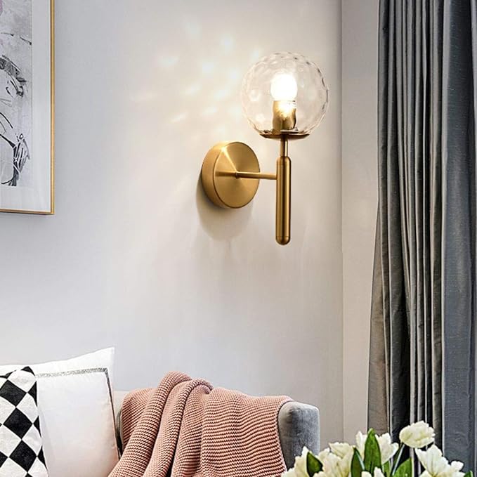 Modern Wall Sconce Golden Mid Century Industrial Matte Globe Glass Wall Light for Bedroom Vanity Light (Clear)