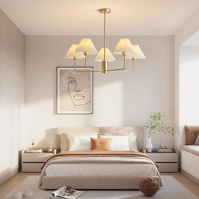 5-Lights White Pleated Fabric Pendant Light Mid Century Modern Brushed Gold Sputnik Chandelier Traditional Dining Living Room Chandelier Above Dining Table
