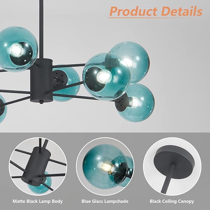 Modern 8-Lights Blue Glass Sputnik Chandelier Mid-Century Matte Black Globe Flush Mount Chandelier Industrial Large Glass Ball Sputnik Chandelier Pendant Lamp (Black+Blue)