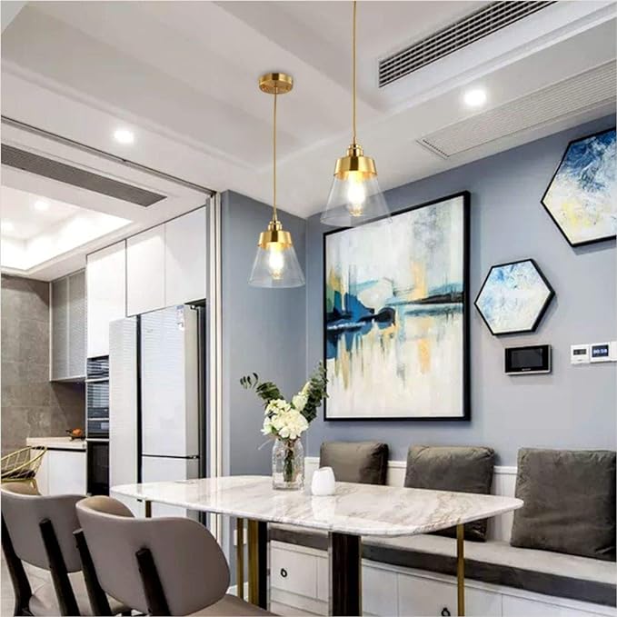 Modern Glass Glass Pendant Light Fixture Gold Brass Pendant Lighting with Conical-Shaped and Adjustable Cord for Kitchen Island, Bathroom