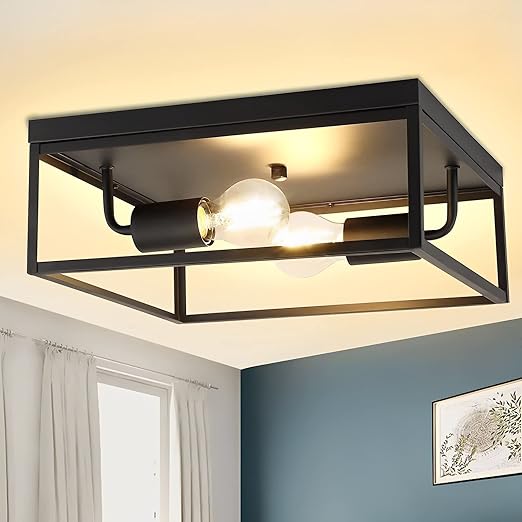 Industrial Metal Flush-Mount Ceiling Lighting Fixture, 13” Square Farmhouse Close to Ceiling Light