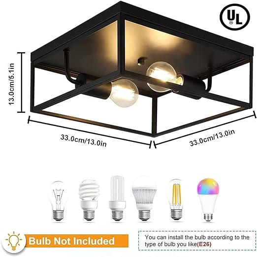 Industrial Metal Flush-Mount Ceiling Lighting Fixture, 13” Square Farmhouse Close to Ceiling Light