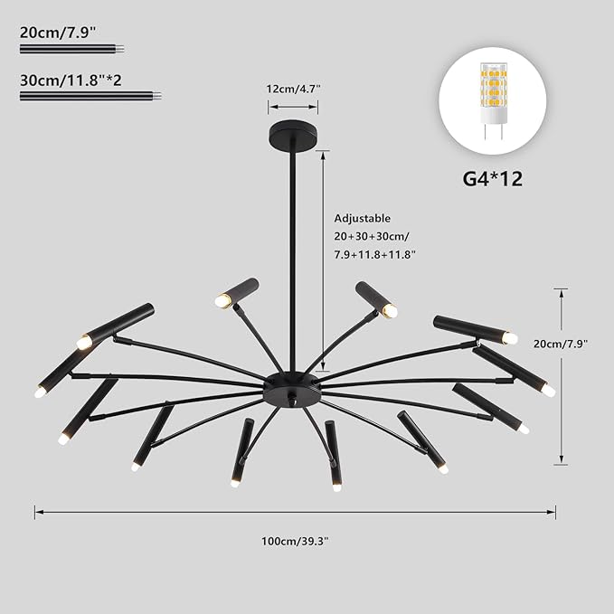 Modern Black Sputnik Chandelier Mid Century Vintage 12-Lights Semi Flush Mount Chandelier Ceiling Light Industrial Satellite Starburst Chandelier Pendant Light (12-Light)