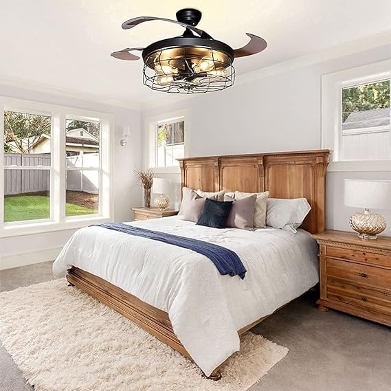 Ceiling Fan with Lights-42 Industrial Ceiling Fan with Retractable Blades, Vintage Cage Ceiling Light Fixture with Remote