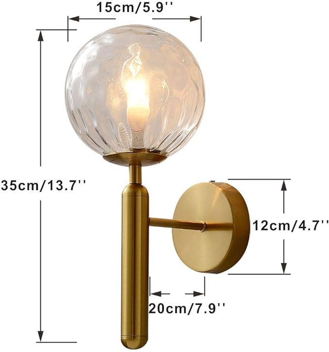 Modern Wall Sconce Golden Mid Century Industrial Matte Globe Glass Wall Light for Bedroom Vanity Light (Clear)