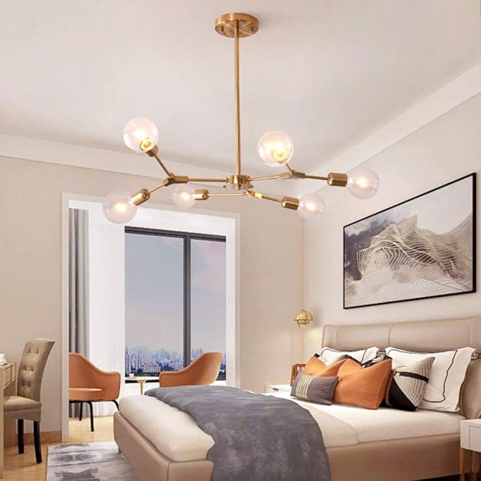 Modern Sputnik Chandelier Brushed Brass Hanging Lamp Industrial Flush Mount Ceiling Light Fixture Adjustable Hanging Lamp for Living Room (6 Lights Gold)