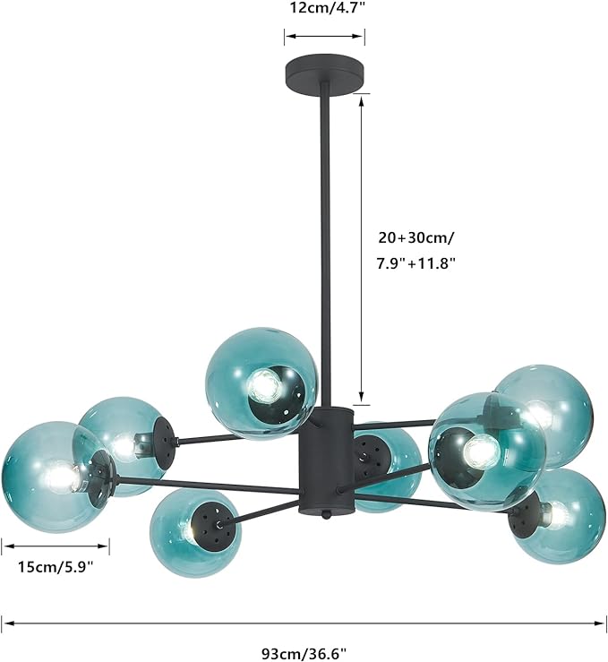 Modern 8-Lights Blue Glass Sputnik Chandelier Mid-Century Matte Black Globe Flush Mount Chandelier Industrial Large Glass Ball Sputnik Chandelier Pendant Lamp (Black+Blue)