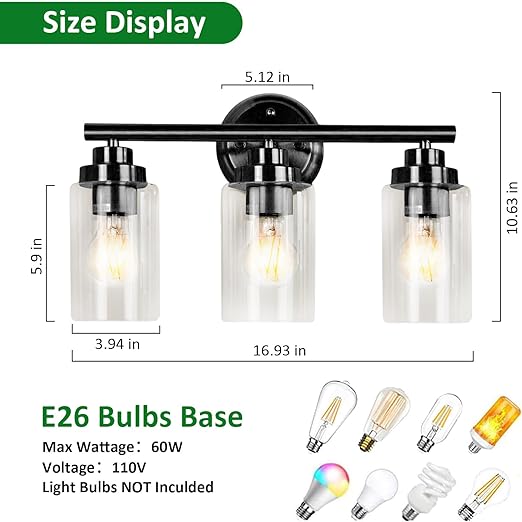 3-Light Wall Light, Bathroom Vanity Light Fixture with Clear Glass Shade, Black Wall Sconces Lighting