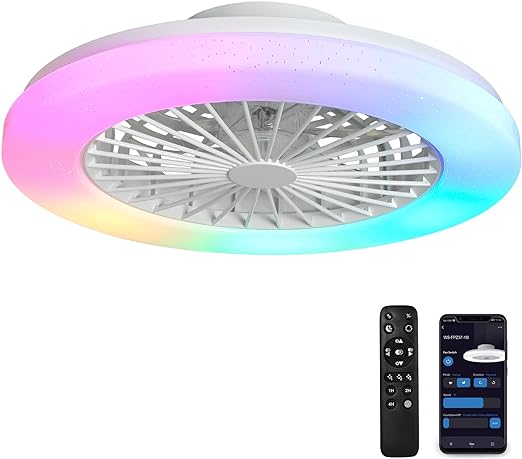 Low Profile Ceiling Fan with Light Smart Bladeless Ceiling Fans with RGB Lights Changing LED 3 Wind Speeds Festival Ambient Flush Mount Fan Light
