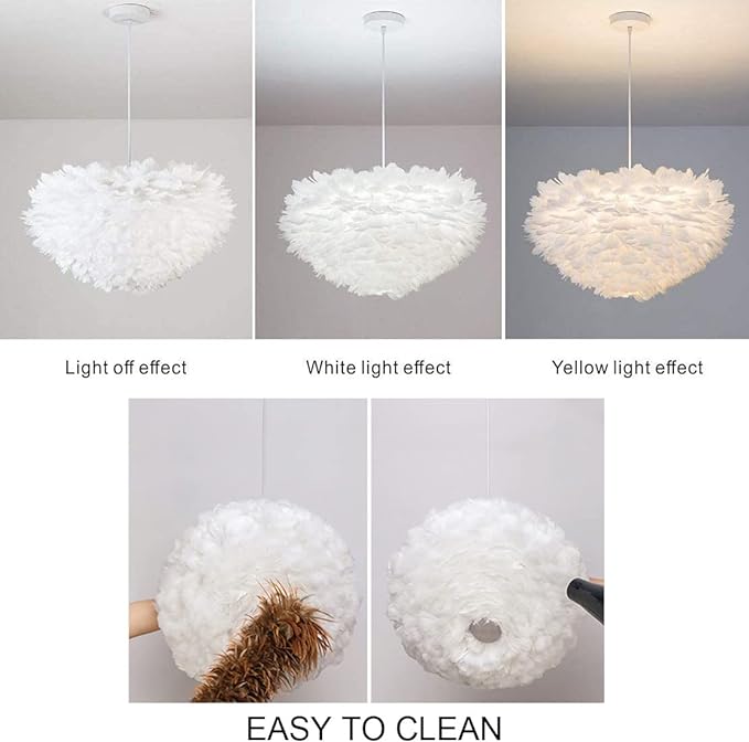 Nordic Feather Pendant Light 23.6" Feather Hanging Light Fixture Romantic Feather Ceiling Lamp for Girls Room Living Room Bedroom Decoration (60cm/23.6'')