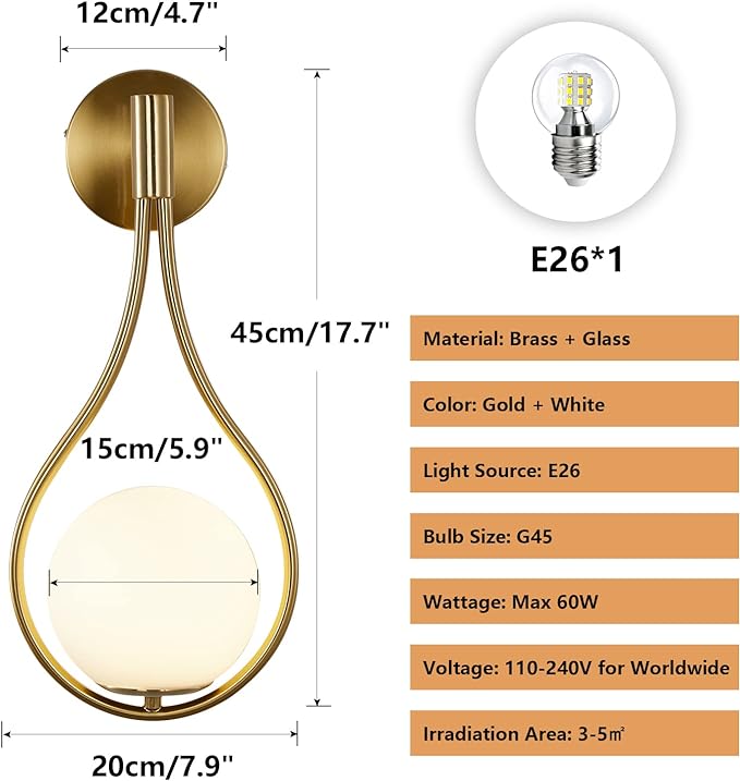 Wall Sconce Mid-Century Drop Design Wall Mounted Light Brushed Brass Wall Lamps, Wall Mount Light Fixture for Bedside Living Room (1 Pack)