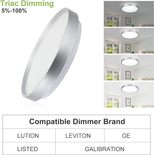 24W Modern LED Flush Mount Ceiling Light, 13 Inch Silver Low Profile Light Fixture, Thin Round Close to Ceiling Light