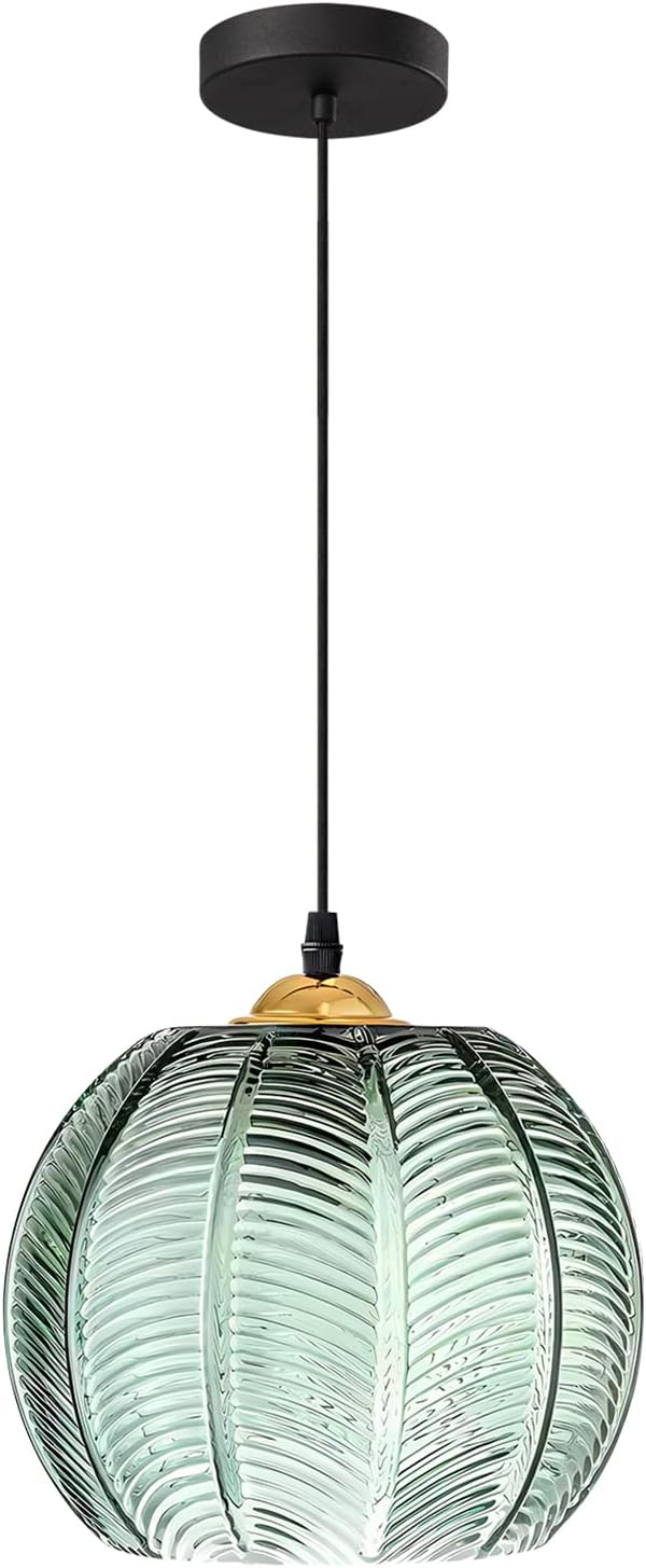Modern Green Striped Glass Pendant Light Nordic Ribbed Glass Pendant Light Green Pumpkin Pendant Light 1-Light Classic Glass Globe Round Pendant Lighting