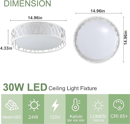 24W LED Flush Mount Ceiling Light, 15 Inch Dimmable Round Ceiling Light Fixture, Modern White Close to Ceiling Lights