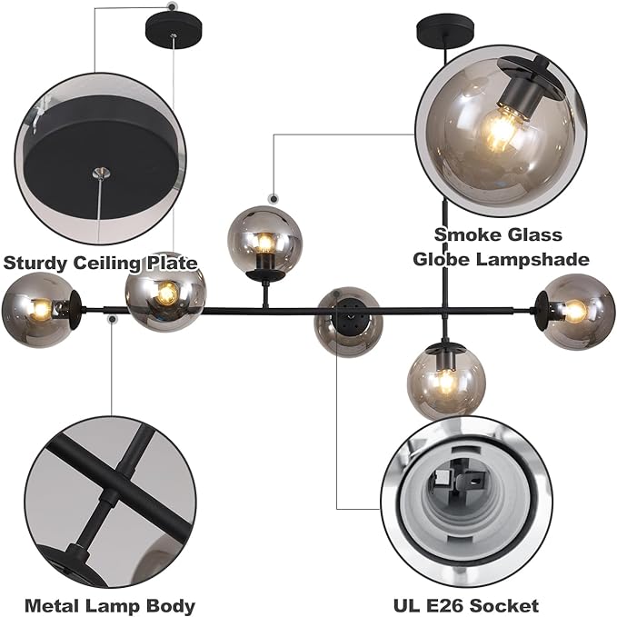 6-Light Mid Century Modern Rectangle Sputnik Chandelier Black Farmhouse Linear Chandelier Glass Globe Pendant Light Vintage Kitchen Island Lighting (Black+Smoke Gray)