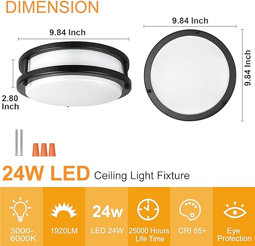 24W LED Ceiling Light Fixture, 10in Flush Mount Ceiling Light, Black Lamp