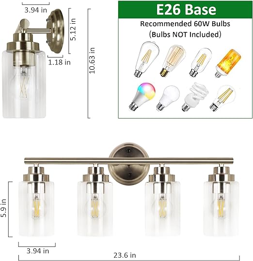 Bathroom Light Fixtures, Silver 4-Light Wall Sconces Lighting with Clear Glass Shade, Bath Vanity Light