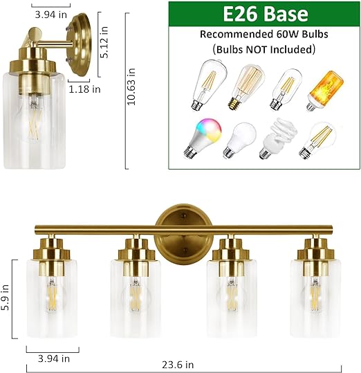 Bathroom Light Fixtures, Gold 4-Light Vanity Light with Clear Glass Shade, Bath Wall Sconces Lighting for Power Room, Mirror
