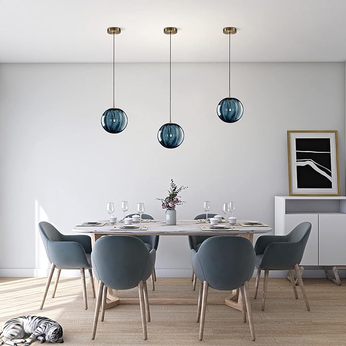 Modern 1-Light Globe Pendant Light Blue Glass Pendant Lights Kitchen Island Single Striped Glass Pendant Light Contemporary Mini Gold Hanging Light Fixture (Blue-7.9”)