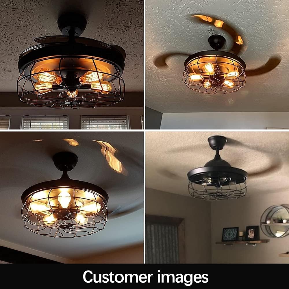 Ceiling Fan with Lights-42 Industrial Ceiling Fan with Retractable Blades, Vintage Cage Ceiling Light Fixture with Remote