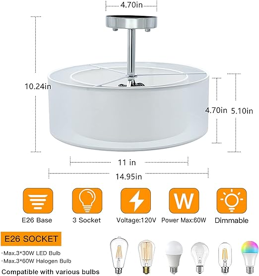 3-Light Industrial Semi Drum Flush Mount Light, 15 Inch Double Drum Pendant Close to Ceiling Light Fixture