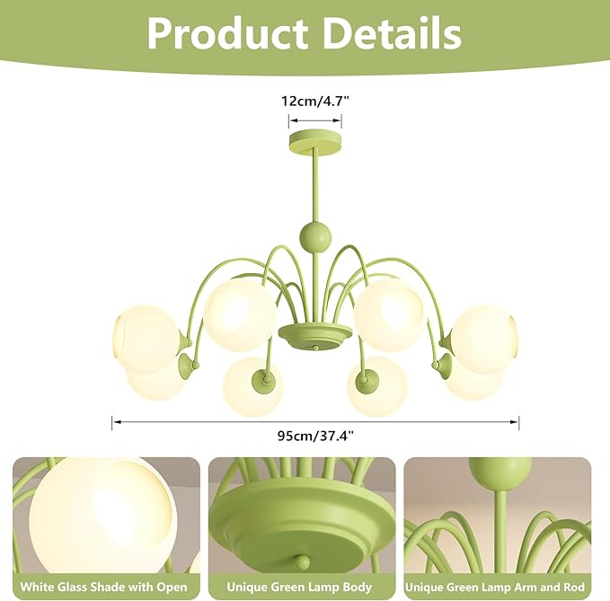 8-Lights Mid Century Modern Sputnik Chandelier Nordic Green Globe Kitchen Island Pendant Lights Milk Glass Ceiling Light Vintage Industrial Chandelier Ceiling Light Fixture
