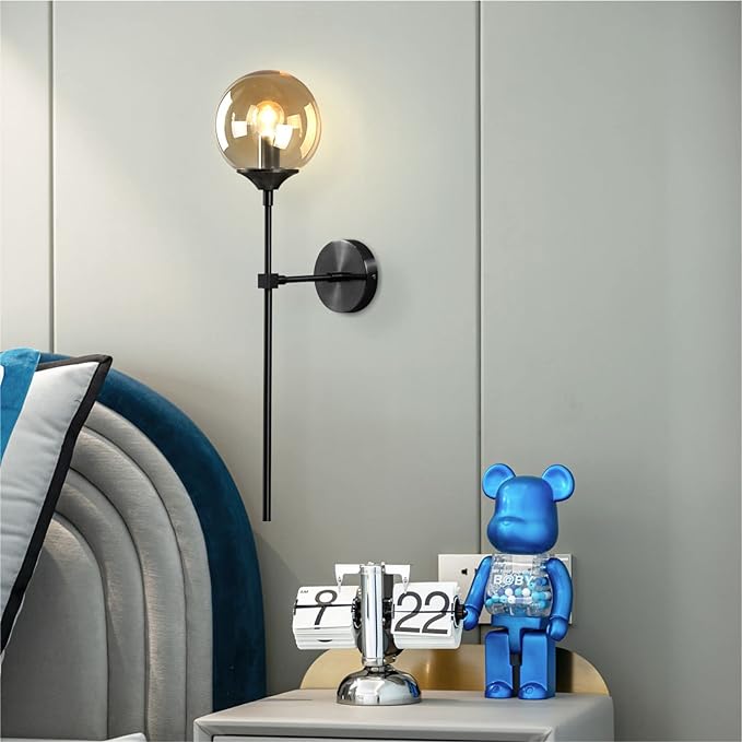 Amber Glass Globe Wall Sconce Black Slim Long Arm Wall Lamp Mid Century Modern Wall Mounted Reading Light for Bedside Stairs Bathroom Mirror