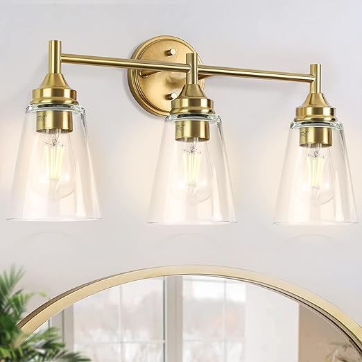 3-Light Modern Wall Light Fixture, Bathroom Vanity Light Over Mirror with 3 Clear Glass Shade
