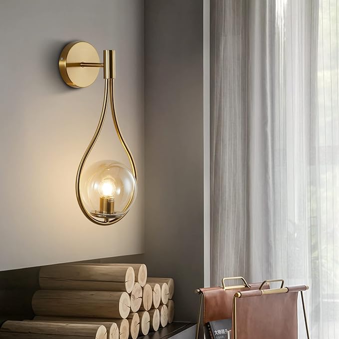 Glass Globe Wall Mounted Sconce Gold Teardrop Wall Sconce Vintage Cordless Sconces Wall Lighting for Stairwell Bathroom Bedroom (Gold + Amber)