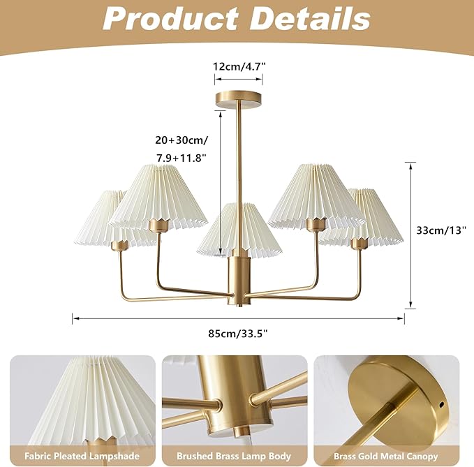 5-Lights White Pleated Fabric Pendant Light Mid Century Modern Brushed Gold Sputnik Chandelier Traditional Dining Living Room Chandelier Above Dining Table
