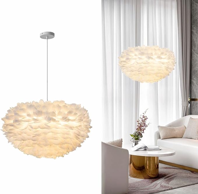 Nordic Feather Pendant Light 23.6" Feather Hanging Light Fixture Romantic Feather Ceiling Lamp for Girls Room Living Room Bedroom Decoration (60cm/23.6'')