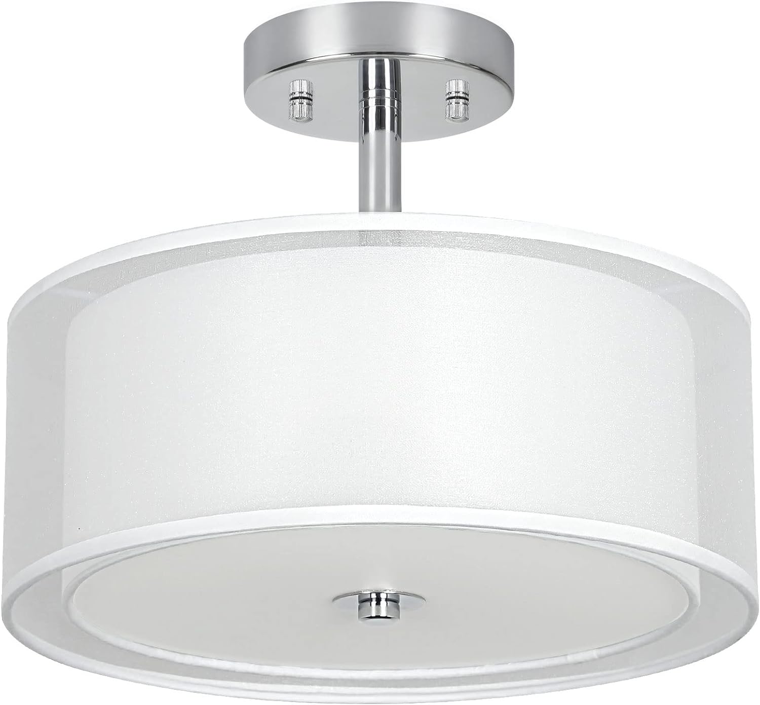 3-Light Modern Semi Flush Mount Ceiling Light Fixture, 12.6’’ Drum Light with Double Fabric Shade, Brushed Chrome Close to Ceiling Lights