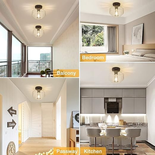 Industrial Semi Flush Mount Ceiling Light, Clear Glass Shade Ceiling Light Fixture