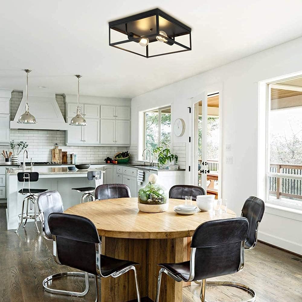 Industrial Metal Flush-Mount Ceiling Lighting Fixture, 13” Square Farmhouse Close to Ceiling Light