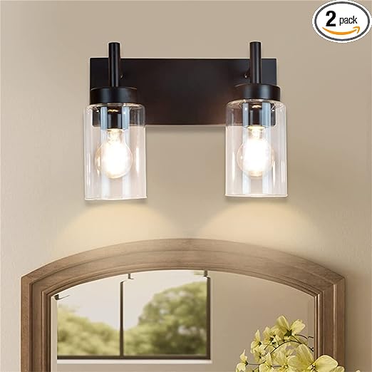 Wall Vanity Light Fixture, Farmhouse Bathroom Lighting, 2-Light Metal Wall Mount Lamp with Glass Shade
