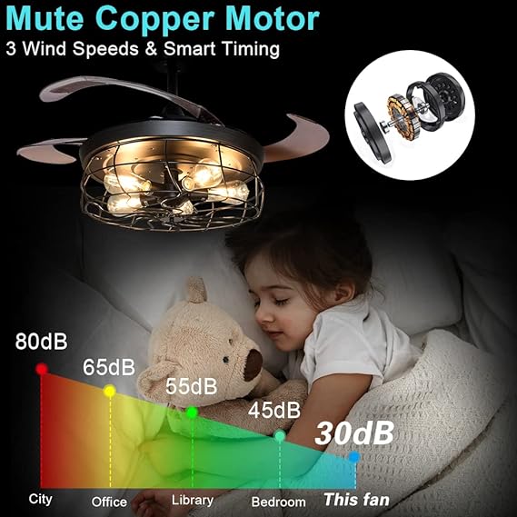 Ceiling Fan with Lights-42 Industrial Ceiling Fan with Retractable Blades, Vintage Cage Ceiling Light Fixture with Remote