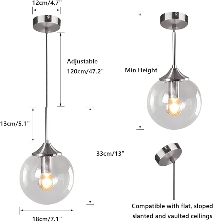 Modern Nordic Hanging Ceiling Light Fixture 1-Light Silver Pendant Light with Glass Globe Adjustable Cord Contemporary Kitchen Island Lighting for Bedroom Living Room Dining Room (Clear)