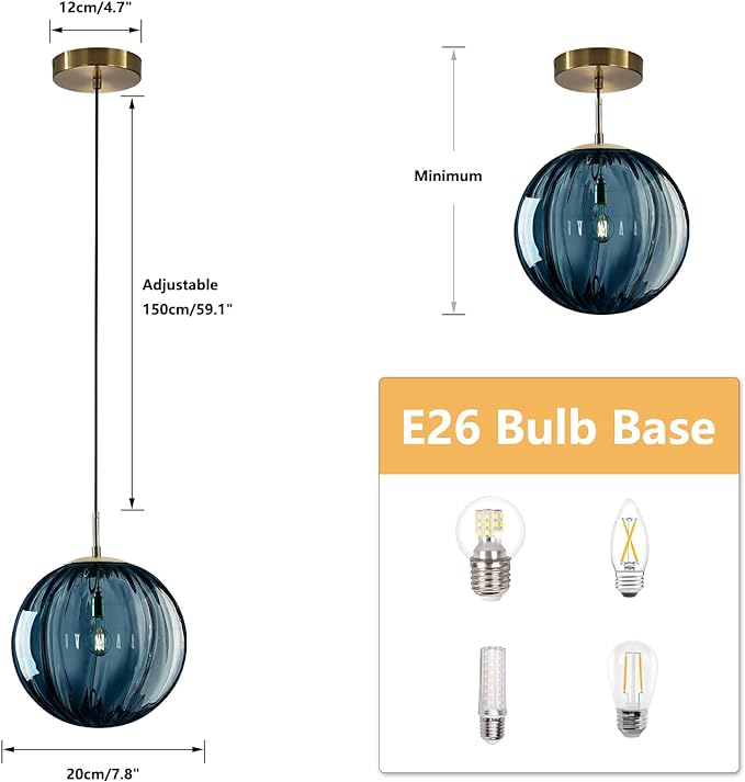 Modern 1-Light Globe Pendant Light Blue Glass Pendant Lights Kitchen Island Single Striped Glass Pendant Light Contemporary Mini Gold Hanging Light Fixture (Blue-7.9”)